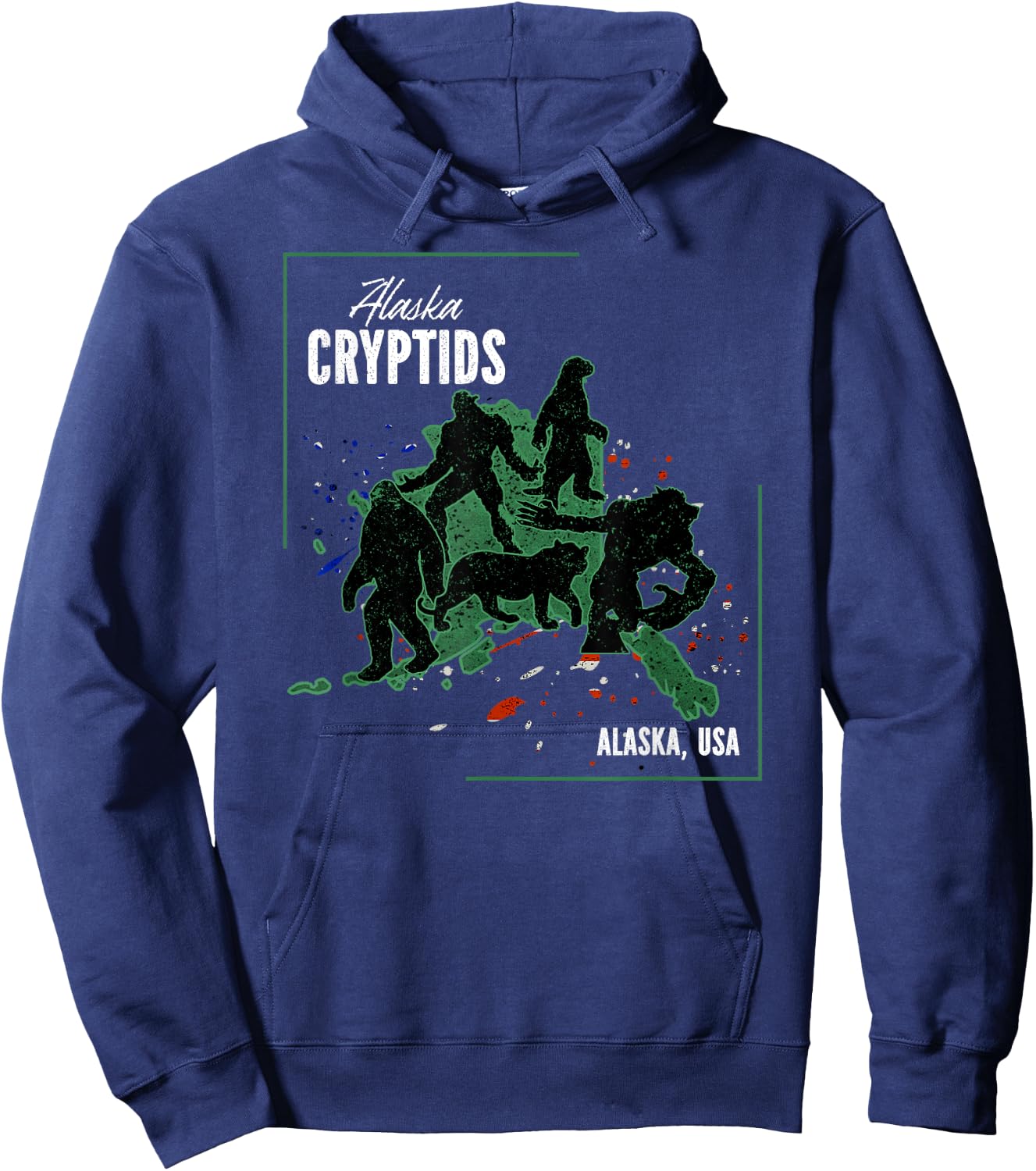 Cryptid Map of Alaska - The Otterman, Bigfoot, Giant, Tiger Hoodie - Hoodie | Navy