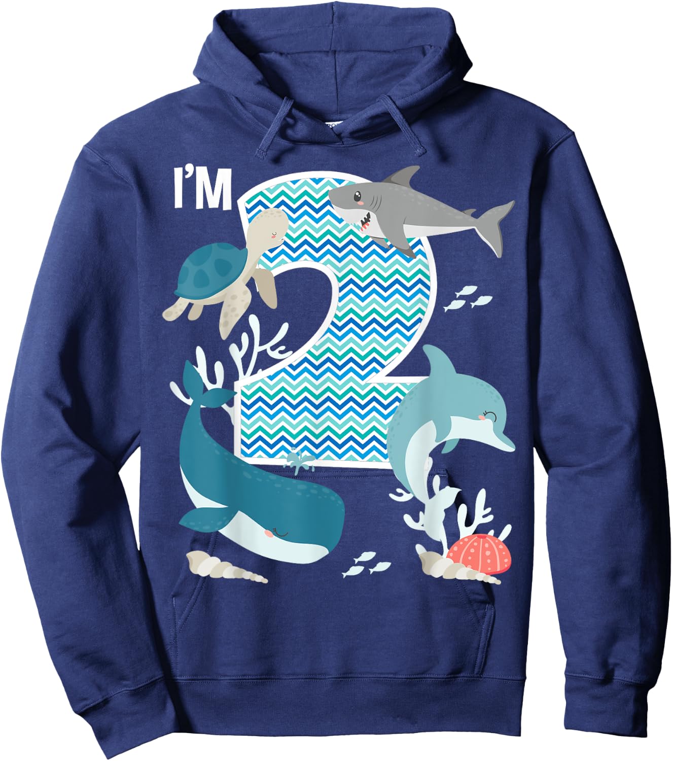 Kids 2 Year Old Ocean Life Whale Dolphin Shark 2nd Birthday Hoodie - Hoodie | Navy