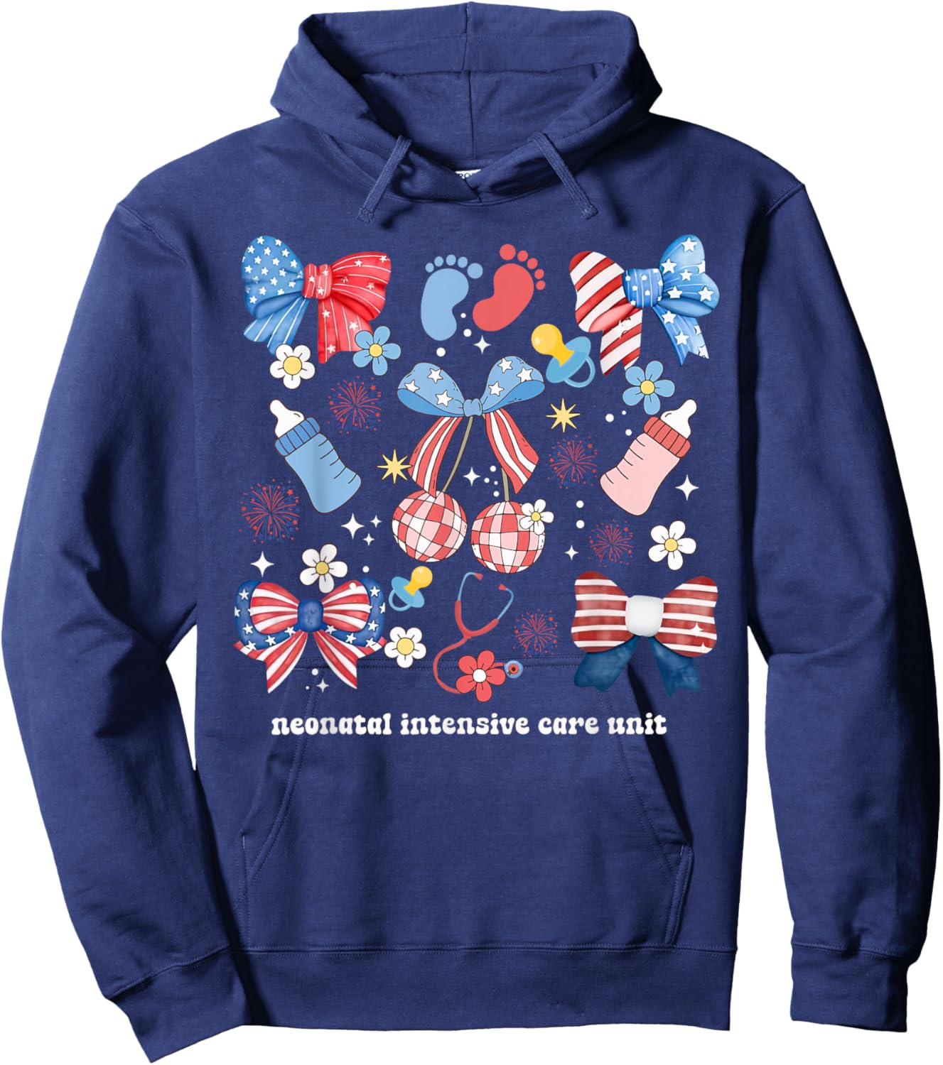 4th of July Neonatal ICU Nurse Coquette Bow NICU Nursing Women Men Hoodie - Hoodie | Navy