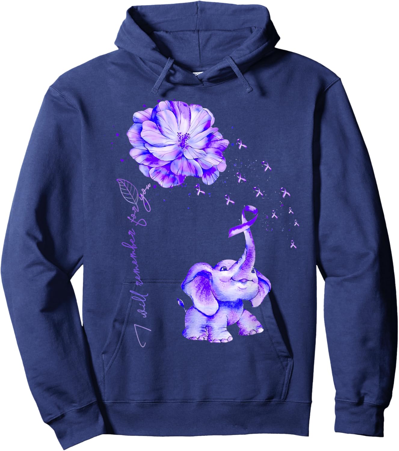 I'll Remember For You Purple Elephant Alzheimer's Awareness Hoodie - Hoodie | Navy