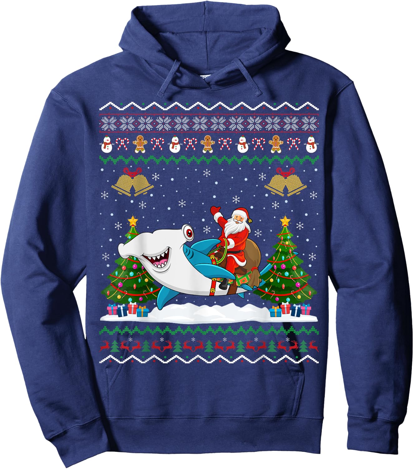Ugly Hammerhead Shark Xmas Gift Santa Riding Shark Christmas Hoodie - Hoodie | Navy