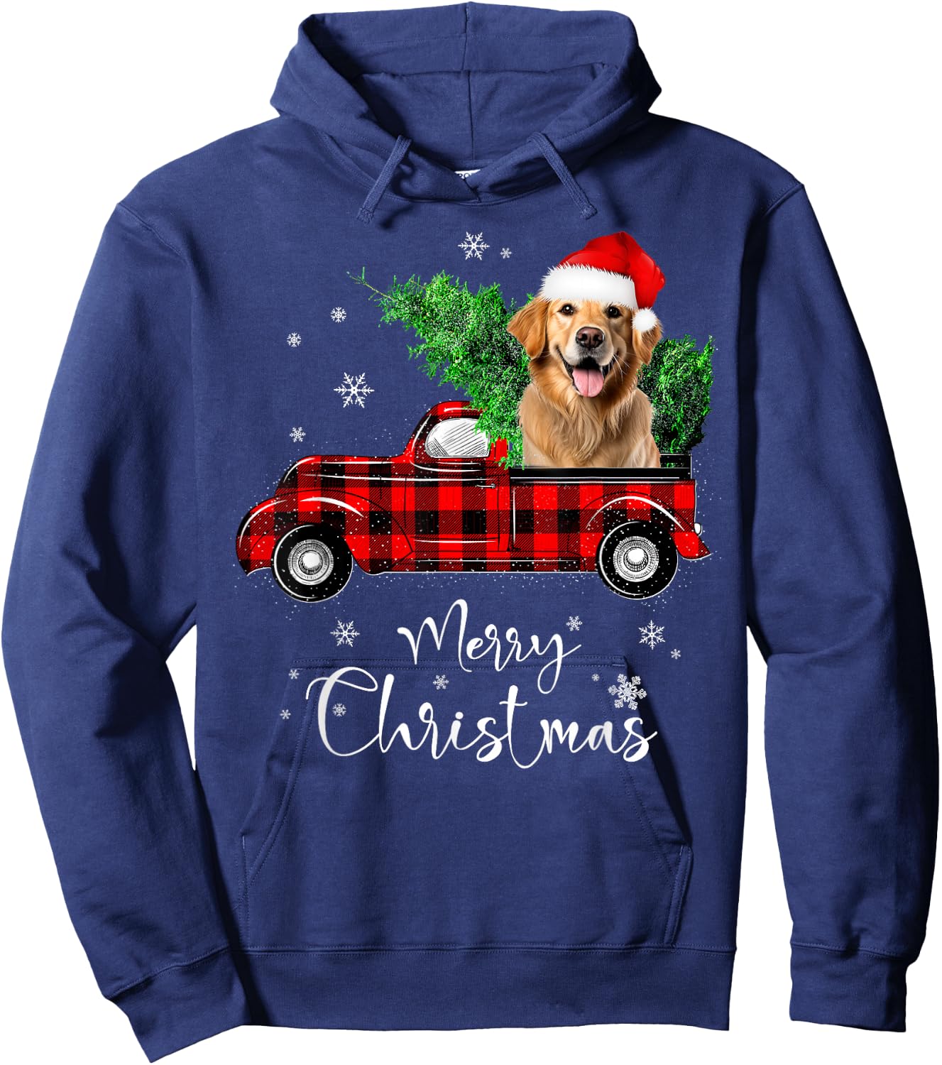 Golden retriever Dog Ride Red Truck Christmas Pajama Hoodie - Hoodie | Navy