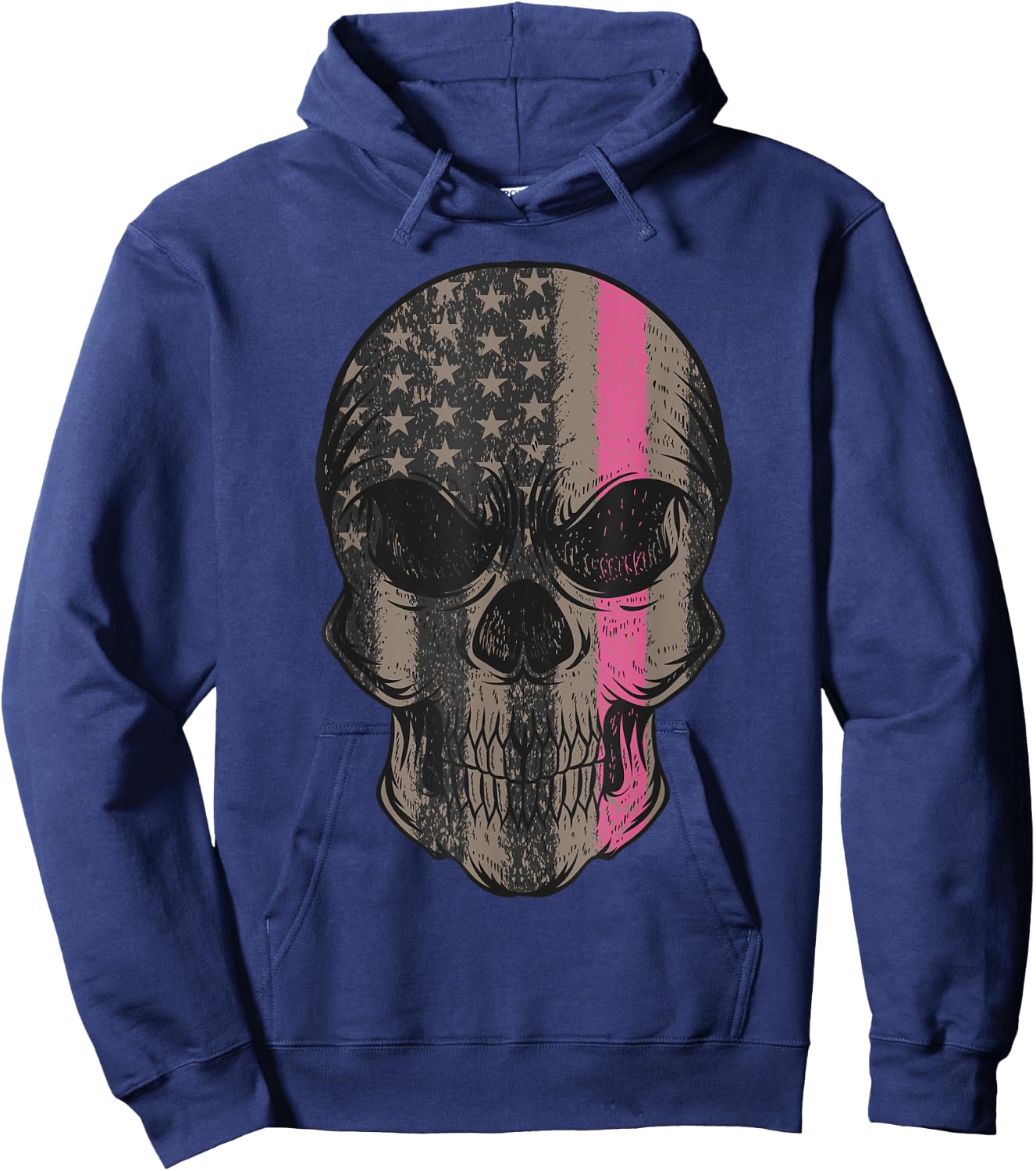 Thin Pink Line Breast Cancer Awareness American Flag Skull Women Men Hoodie - Hoodie | Navy
