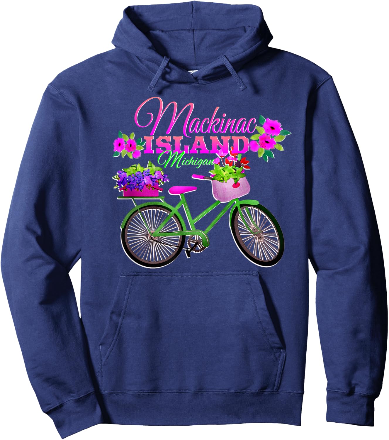 Mackinac Island Michigan Gift Vacation Vintage Bike Flowers Hoodie - Hoodie | Navy
