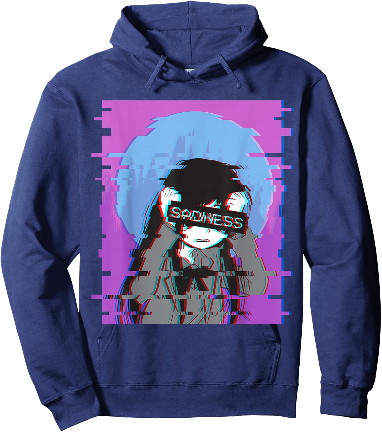 Sad Anime Girl - Japanese Aesthetic Vaporwave Anime Otaku Hoodie - Hoodie | Navy