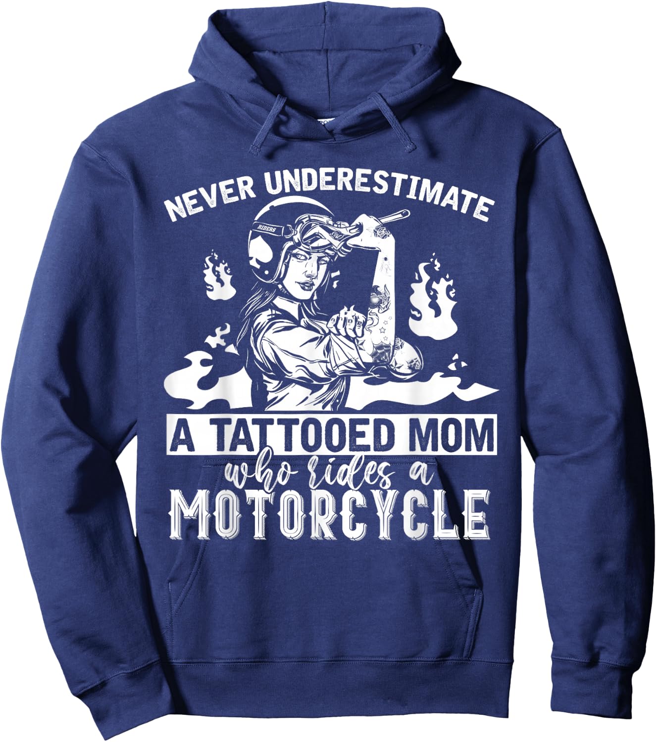 Never Underestimate A Tattooed Mom Motorcycle Biker Hoodie - Hoodie | Navy