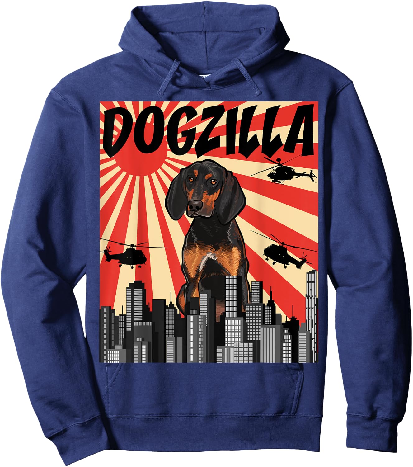 Funny Retro Japanese Dogzilla Black and Tan Coonhound Hoodie - Hoodie | Navy