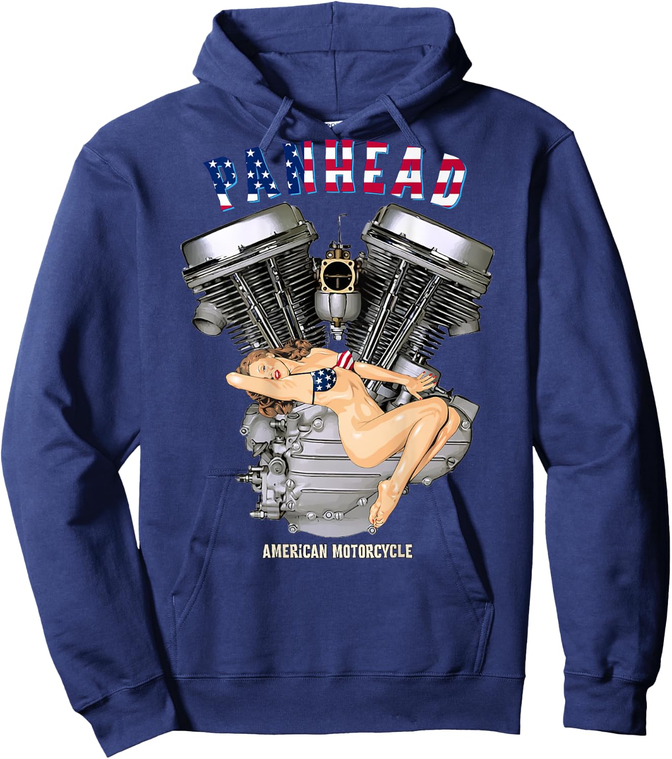 USA Panhead Motorcycle Sexy Retro Pinup Flag Biker Gear Hoodie - Hoodie | Navy