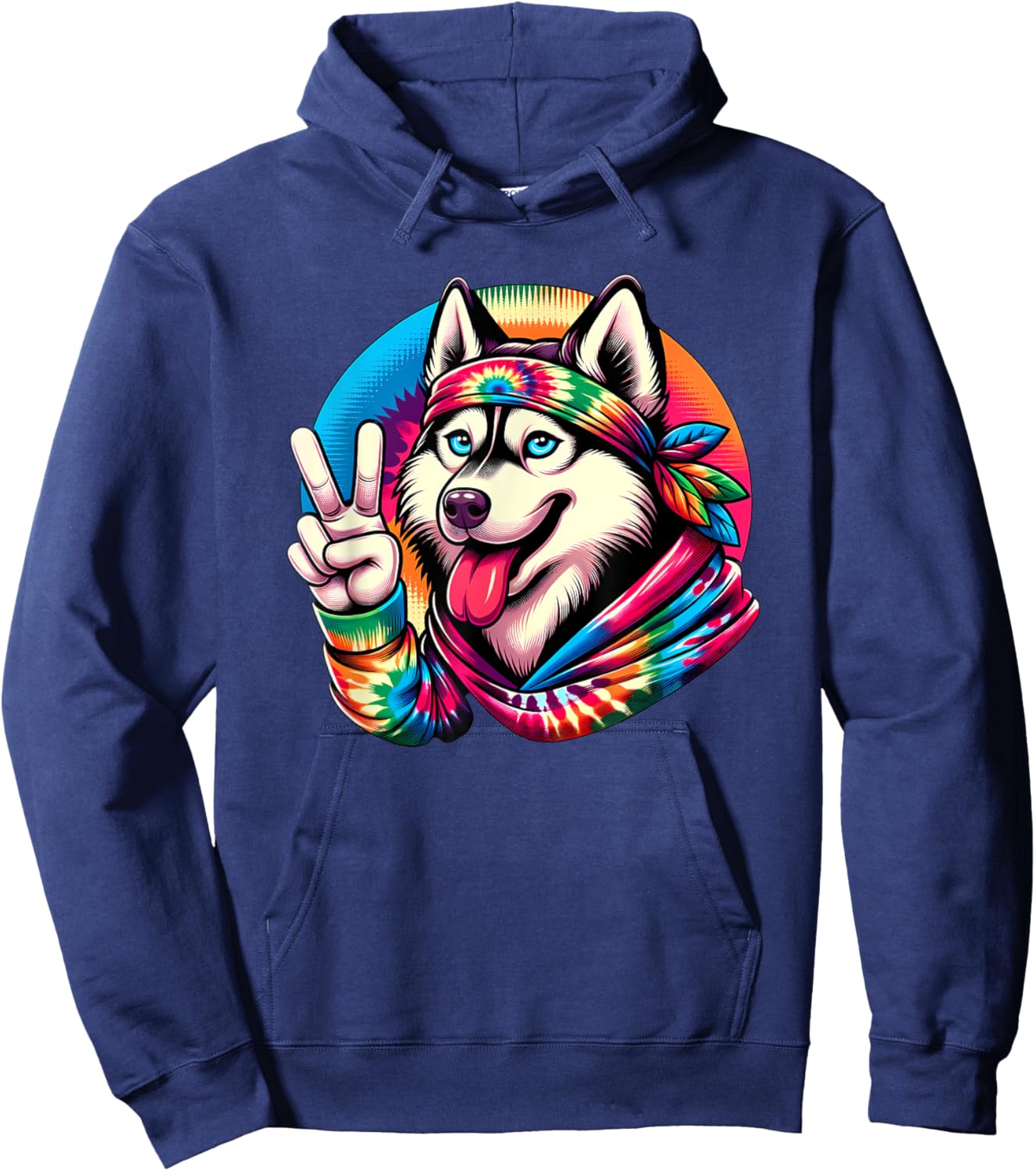 Peace Sign Tie Dye Husky dog Hoodie - Hoodie | Navy