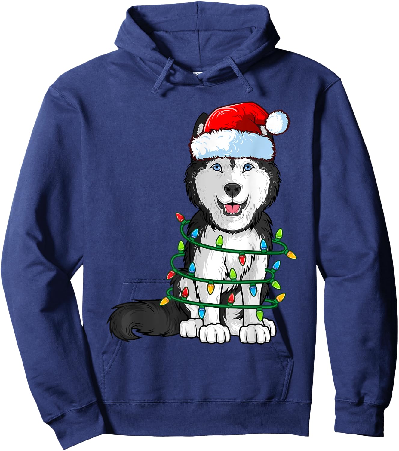 Siberian Husky Christmas Santa Hat Xmas Lights Dog Boys Girl Hoodie - Hoodie | Navy