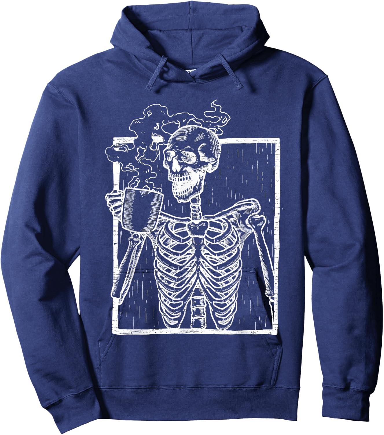 Distressed Skeleton Vintage Smiling Skull drinking Coffee Hoodie - Hoodie | Navy