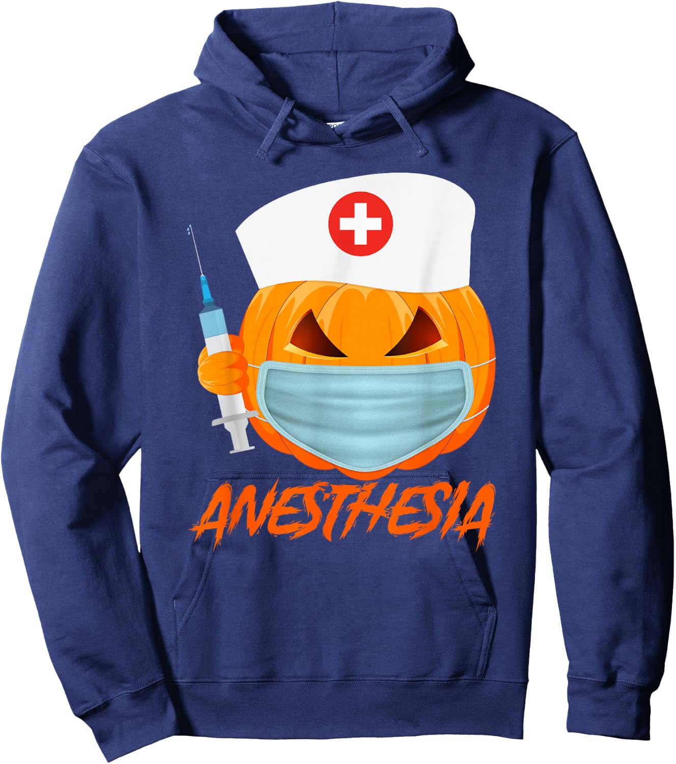Halloween ANESTHESIA Pumpkin Wearing a mask Nurse Hoodie - Hoodie | Navy