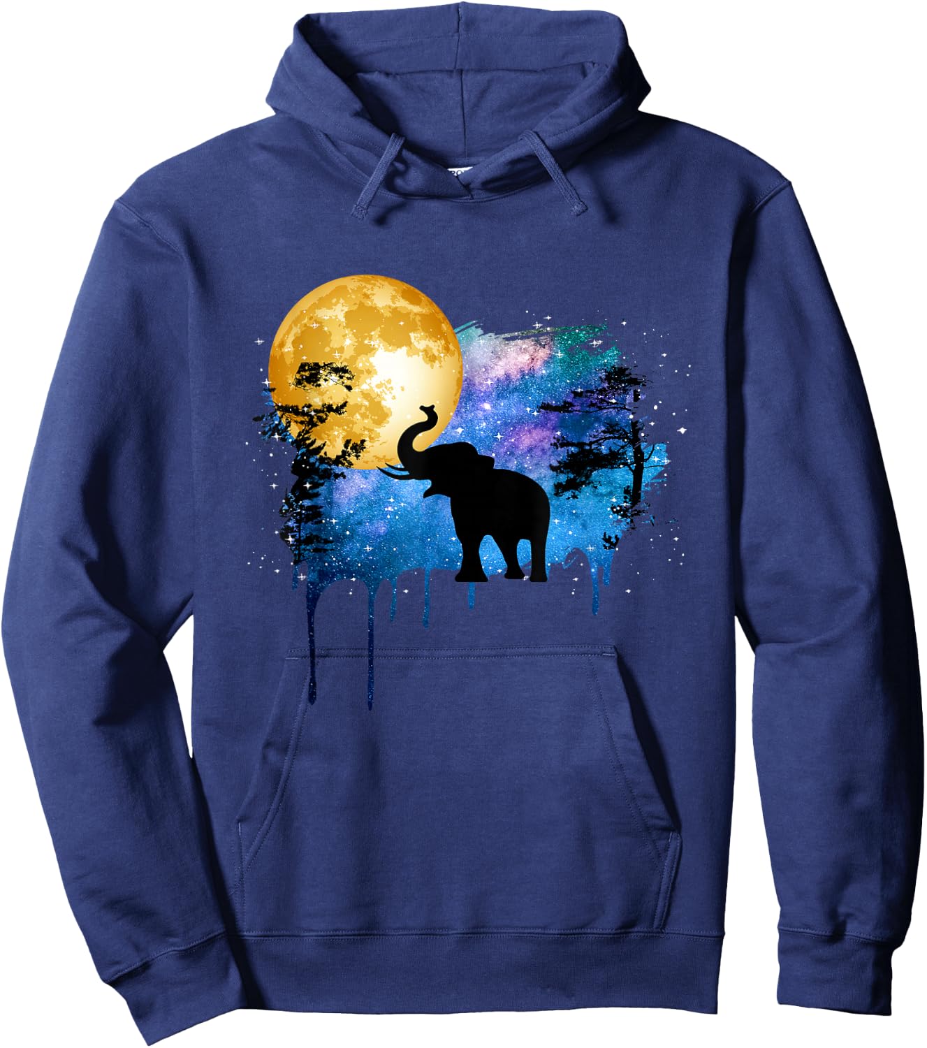 Elephant Full Moon Galaxy Star Night Nature Graphic Art Hoodie - Hoodie | Navy