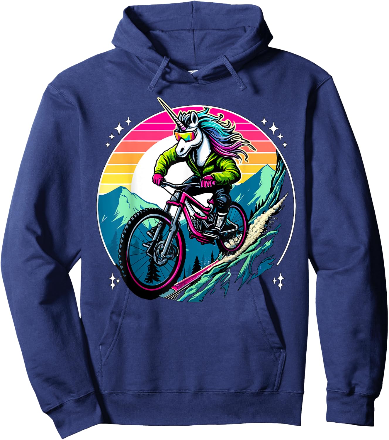 Unicorn Mountain Bike Adventure Fantasy Colorful Sunset Hoodie - Hoodie | Navy