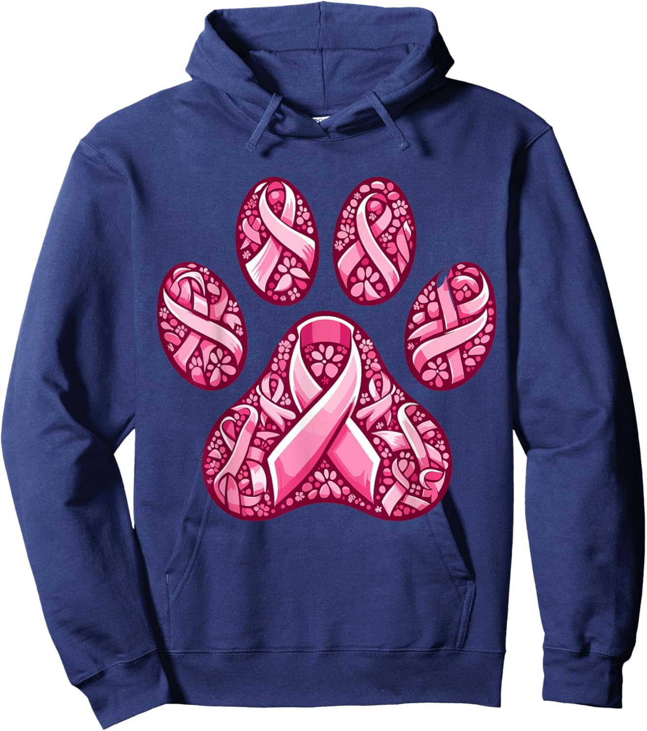 Pink Ribbon Dog Paw Print Breast Cancer Awareness Puppy Love Hoodie - Hoodie | Navy
