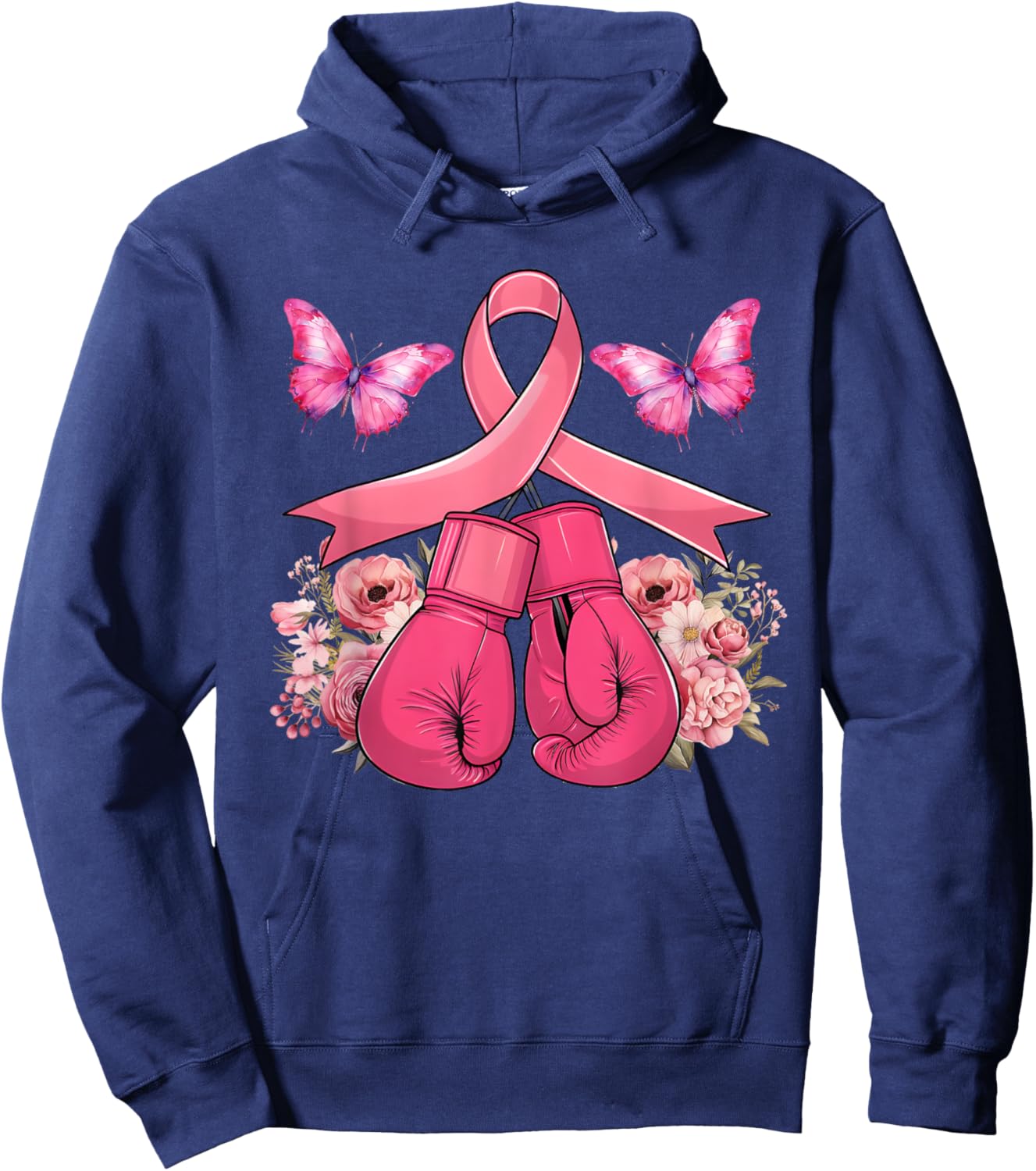 Breast Cancer Awareness Boxing Gloves Butterfly Pink Ribbon Hoodie - Hoodie | Navy