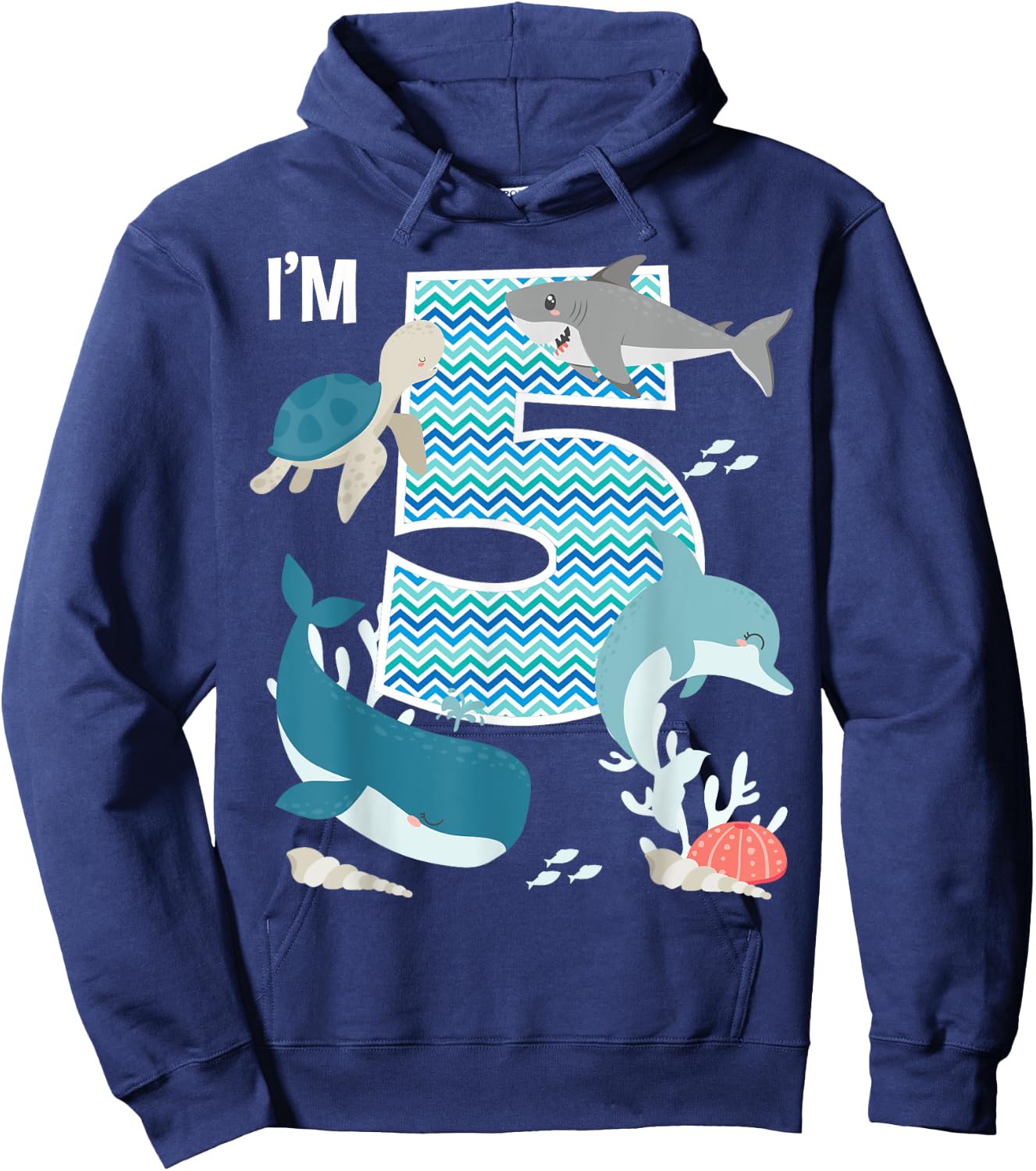 Kids 5 Year Old Ocean Life Whale Dolphin Shark 5th Birthday Hoodie - Hoodie | Navy