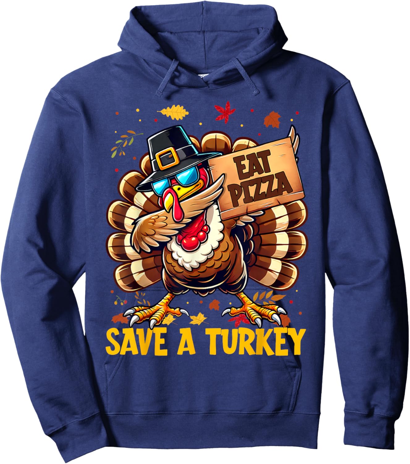 Funny Save A Turkey Eat Pizza Autumn Thanksgiving Groovy Hoodie - Hoodie | Navy