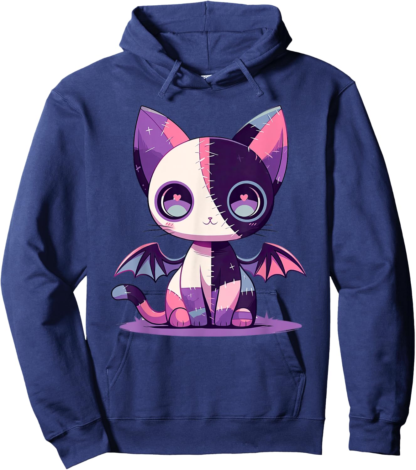 Kawaii Pastel Goth Creepy Cute Witchy Zombie Patchwork Cat Hoodie - Hoodie | Navy