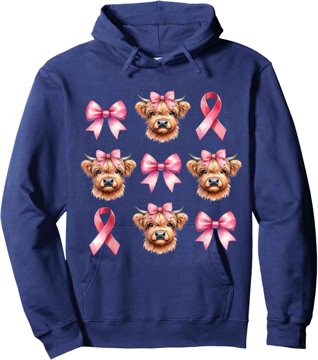 Coquette Bow Pink Ribbon Highland Cow Pink Breast Cancer Hoodie - Hoodie | Navy