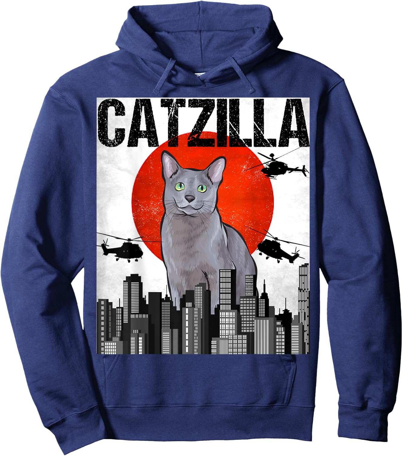 Funny Vintage Japanese Catzilla Russian Blue Cat Men Women Hoodie - Hoodie | Navy