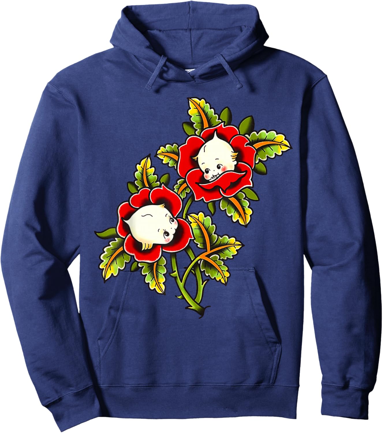 Kewpie Baby Roses Traditional Tattoo Flash Hoodie - Hoodie | Navy