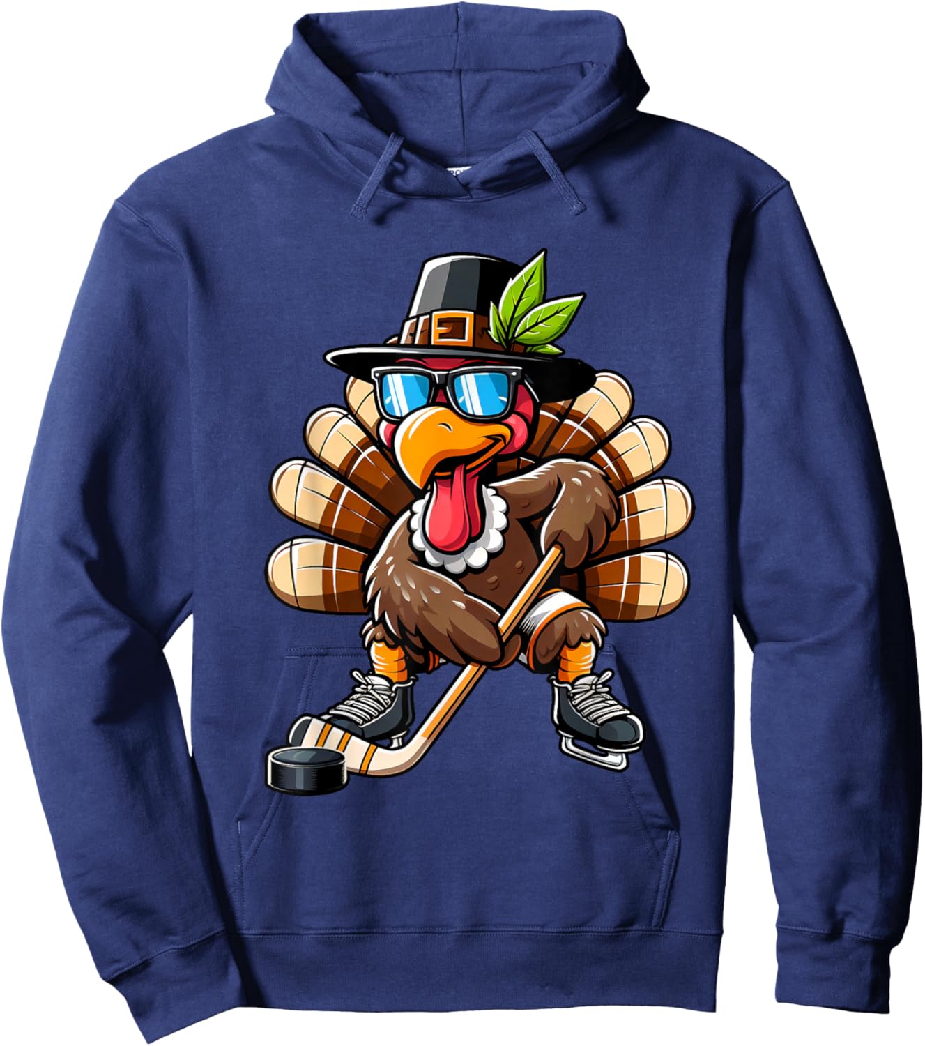 Turkey Hockey Thanksgiving Fall Turkey Playing Hockey Boys Hoodie - Hoodie | Navy