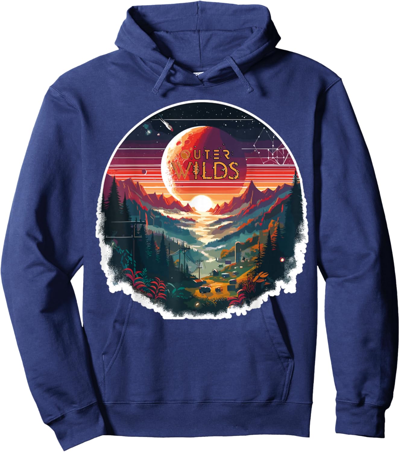 Outer Wilds Text Moon Mountain Forest Tree House Sun Hoodie - Hoodie | Navy