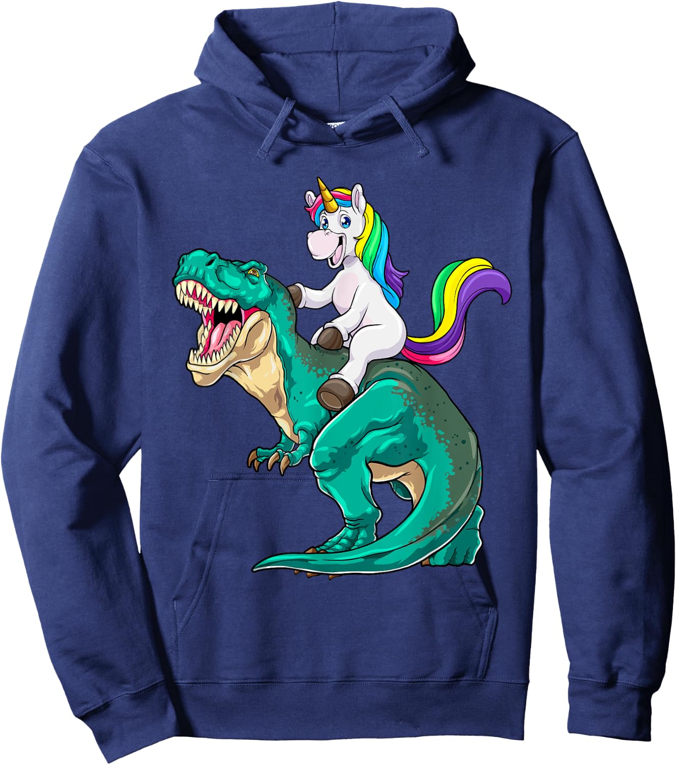 Unicorn Riding T rex Dinosaur Boys Girls Men Women Rainbow Hoodie - Hoodie | Navy