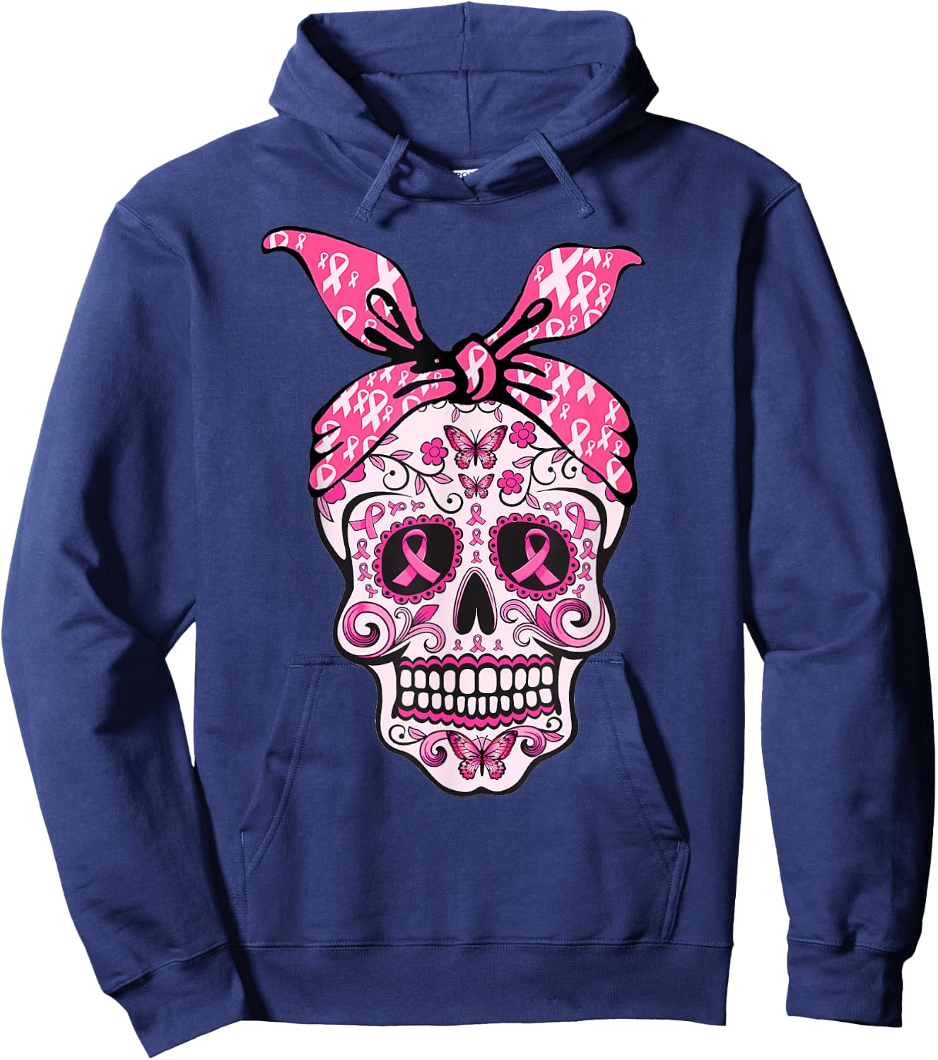 Sugar Skull Pink Ribbon Bandana Calavera Breast Cancer Hoodie - Hoodie | Navy