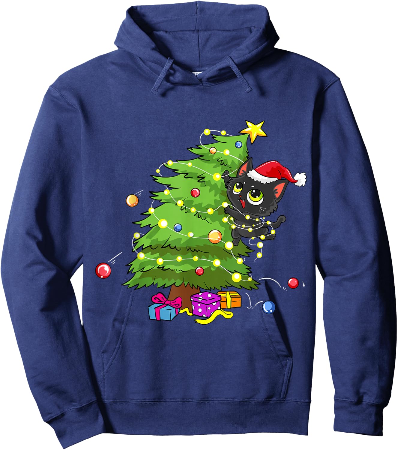 Santa Black Cat Tangled Up In Christmas Tree Lights Holiday Hoodie - Hoodie | Navy