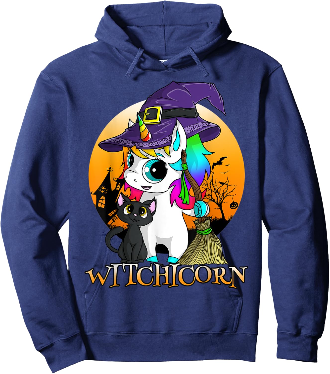 Witchicorn Unicorn Witch Halloween Black Cat Orange Moon Hoodie - Hoodie | Navy