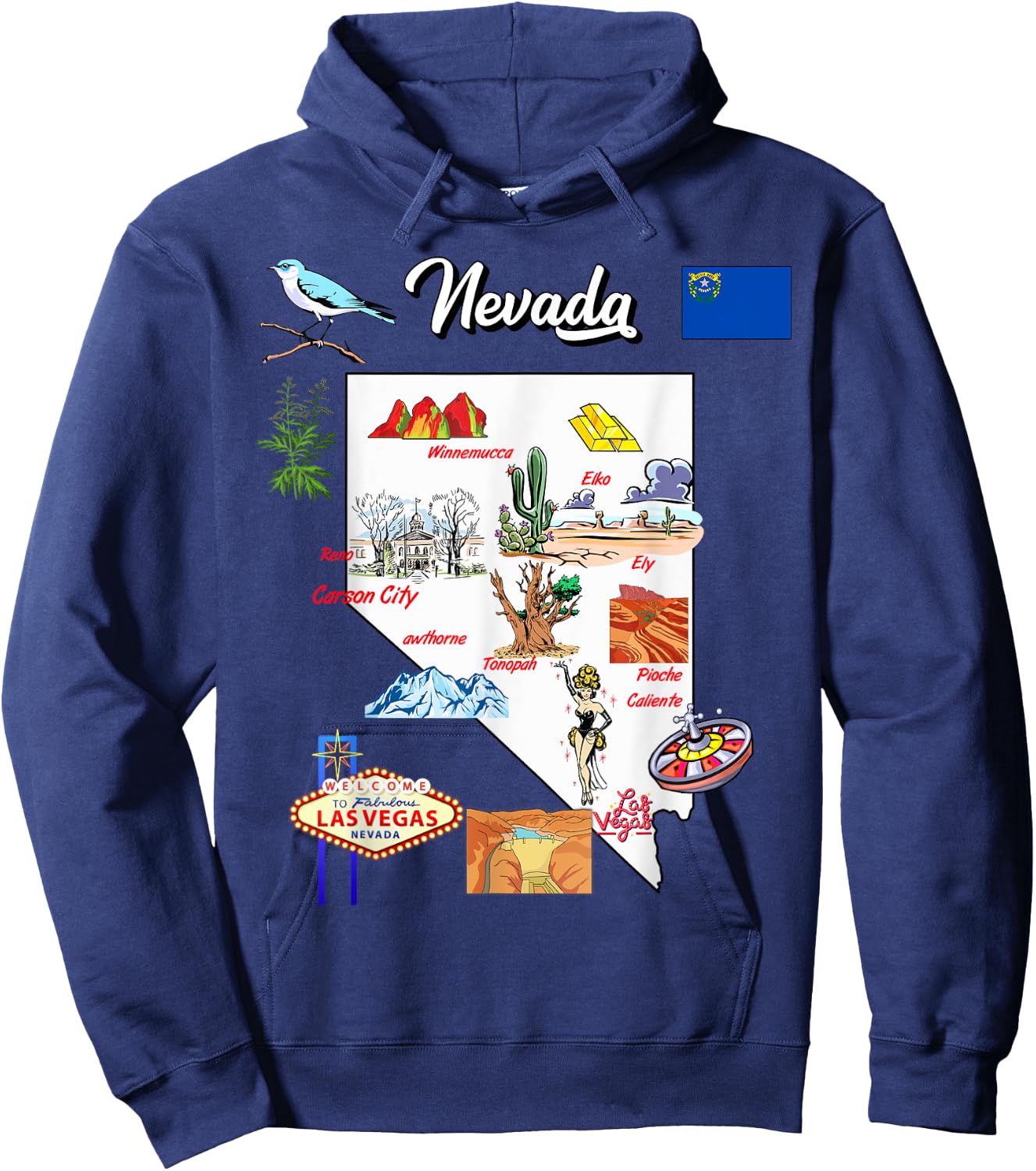 illustrated Map of Nevada in US with the Cities and symbols Hoodie - Hoodie | Navy