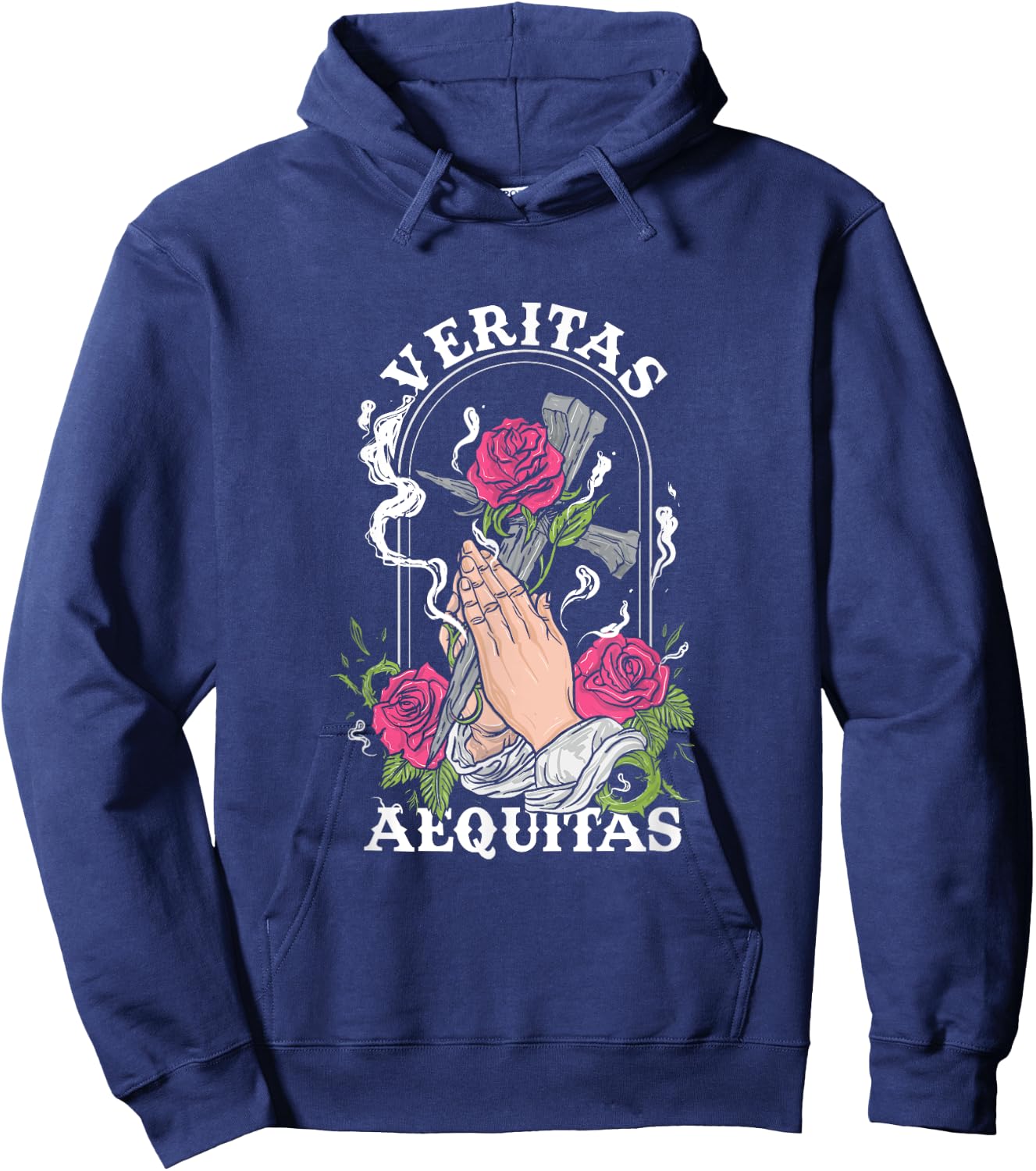 Veritas Aequitas Cross Roses Praying Hands Pray God Gift Hoodie - Hoodie | Navy
