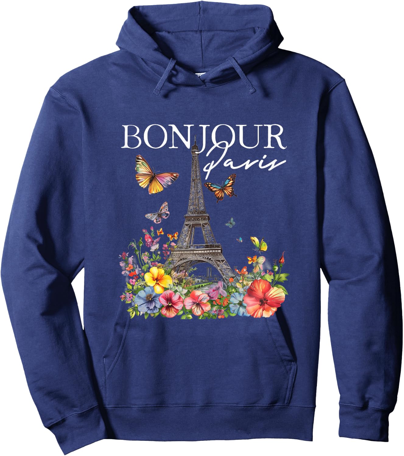 Bonjour Paris Floral Eiffel Tower France French Souvenirs Hoodie - Hoodie | Navy