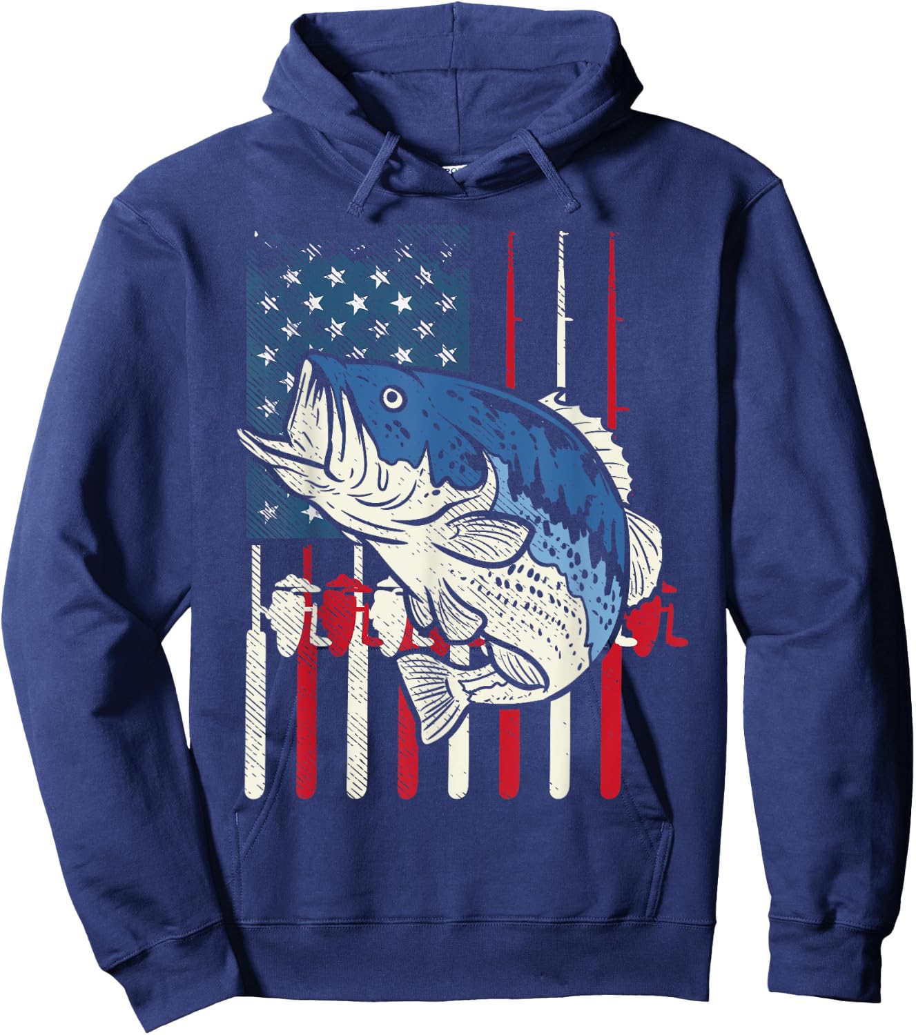 Bass Fish US American Flag Patriotic Fishing Fisherman Gift Hoodie - Hoodie | Navy