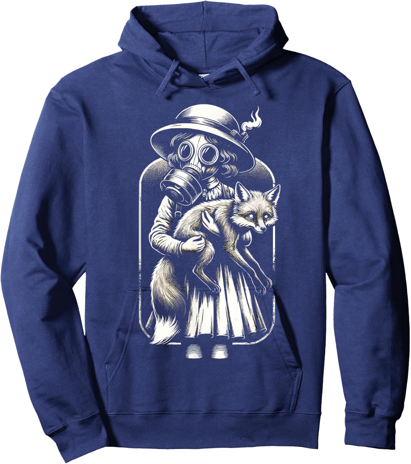 Creepy vintage girl wearing a gas mask and holding a fox Hoodie - Hoodie | Navy