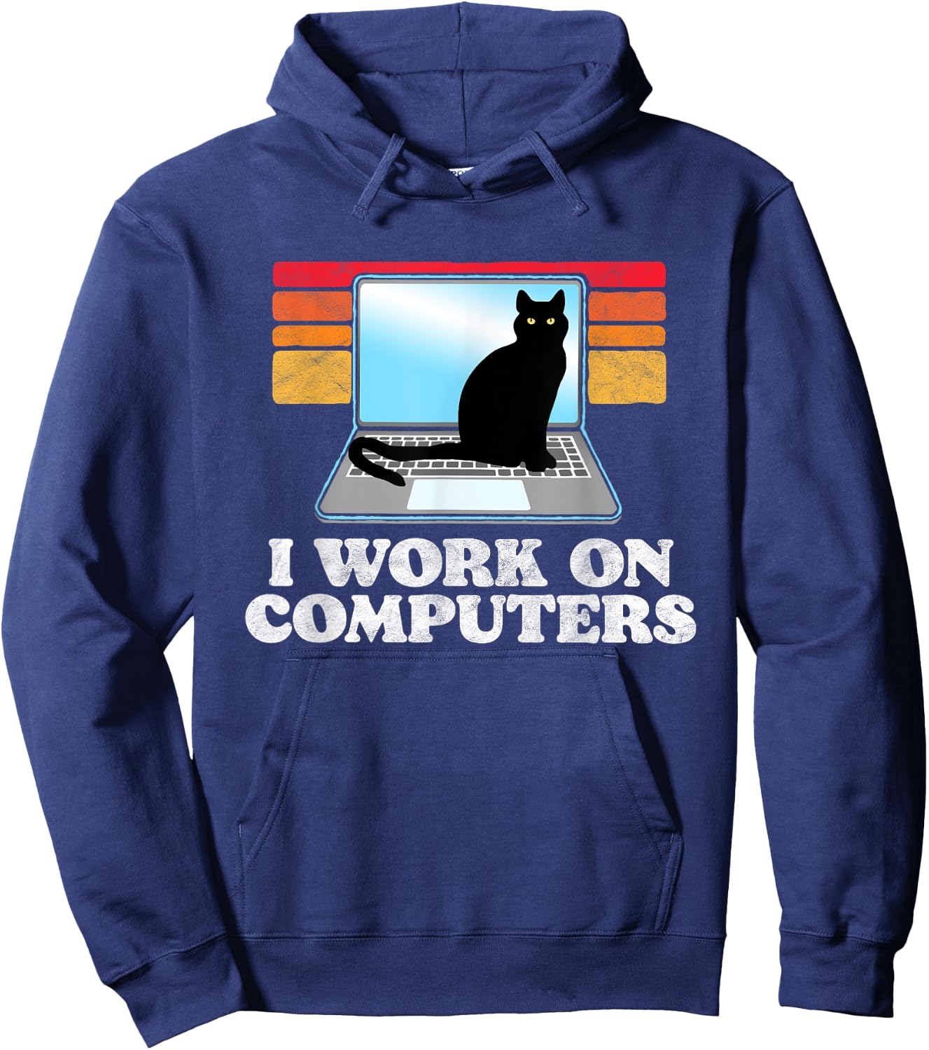 I Work On Computers Distracting Cat on Laptop Funny Retro Hoodie - Hoodie | Navy