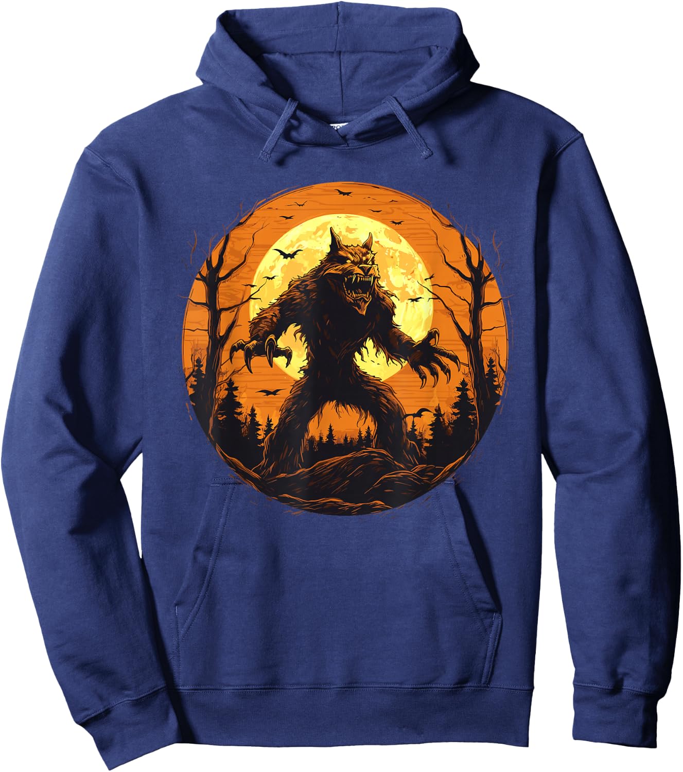 Halloween Werewolf Howling Full Moon Bats Spooky Graphic Hoodie - Hoodie | Navy