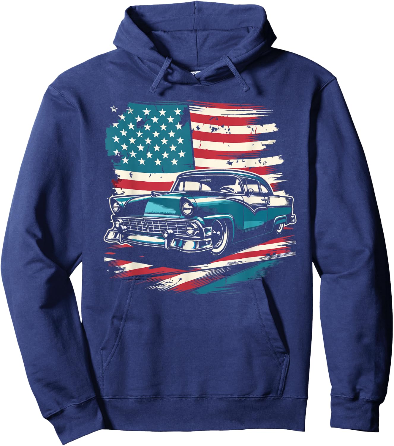 Vintage Classic Car American Flag 4th of July Patriotic Hoodie - Hoodie | Navy