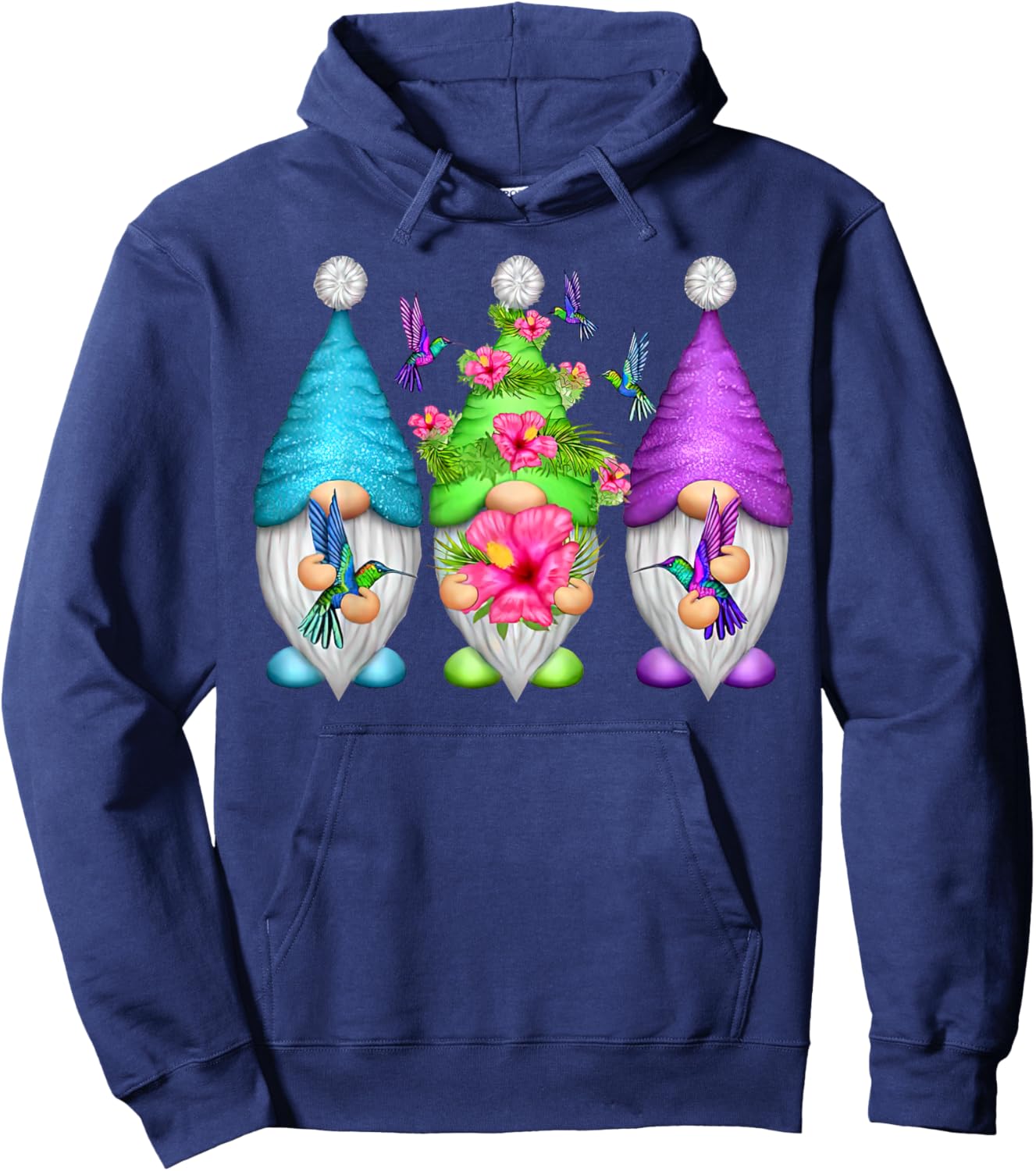 Cute Gnomes Hummingbirds Hibiscus Flower Bird Nature Lover Hoodie - Hoodie | Navy