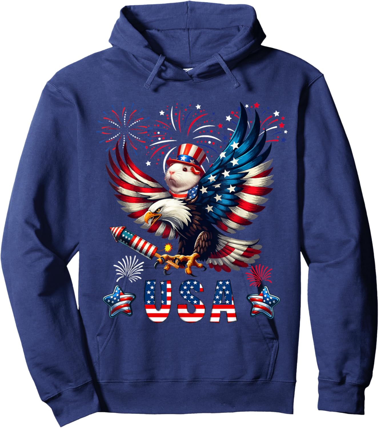 USA 4th Of July Guinea Pig Riding Eagle Fireworks Patriotic Kids Men Hoodie - Hoodie | Navy