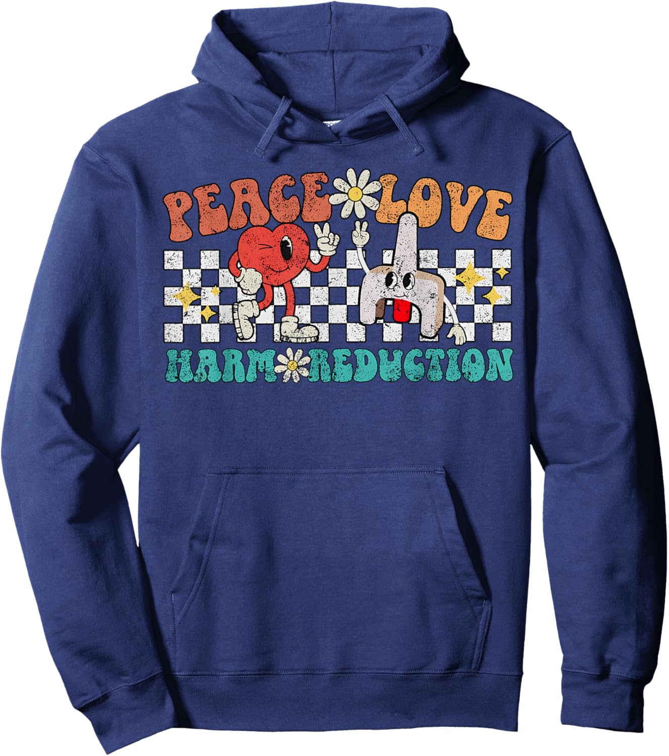 Retro Peace Love Harm Reduction Overdose Awareness Nurse Hoodie - Hoodie | Navy