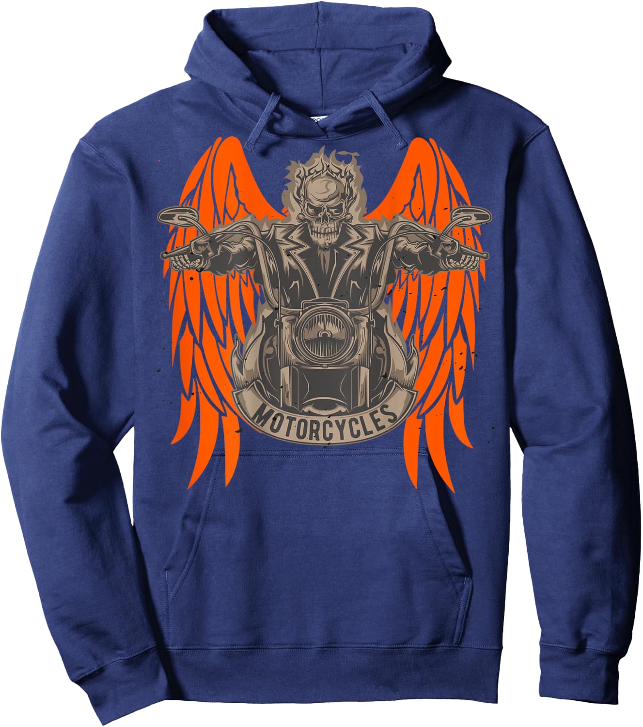 Motorcycle Rider Skeleton Angel Wings Distressed - on back Hoodie - Hoodie | Navy