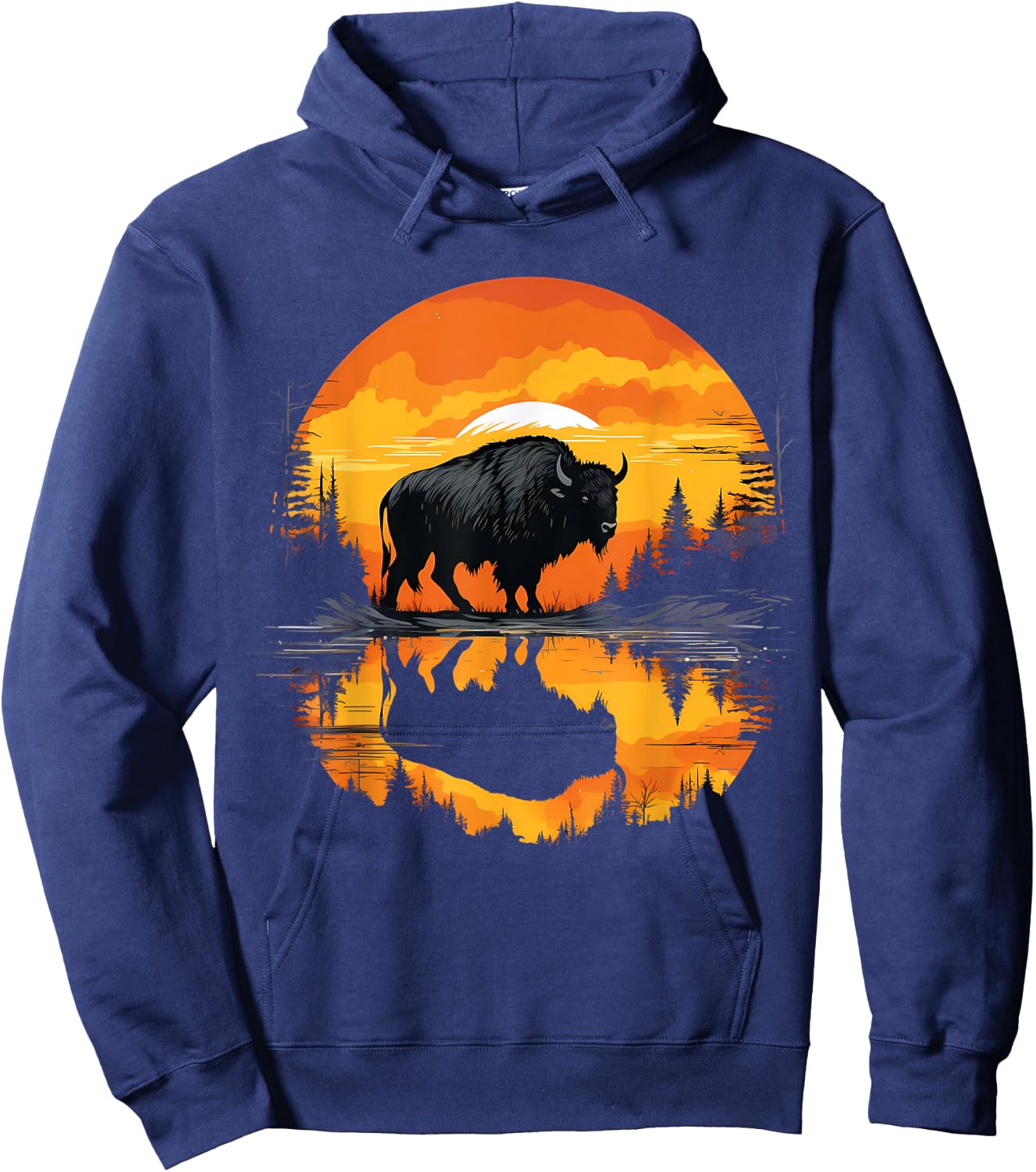 Buffalo Sunset Wildlife Safari Nature Bison Motif Savanna Hoodie - Hoodie | Navy