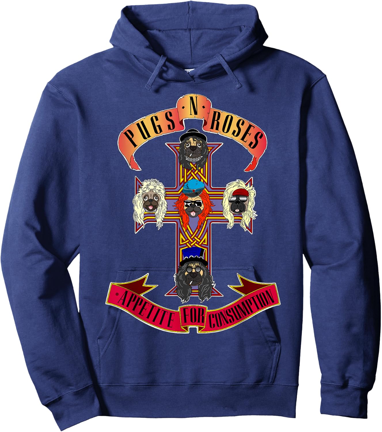 Pugs & Roses Funny Classic Rock And Roll Lover Pug Owner Hoodie - Hoodie | Navy