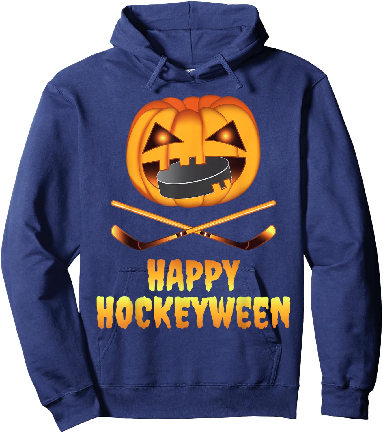 Happy Hockeyween Hockey Pumpkin Eating Puck Funny Halloween Hoodie - Hoodie | Navy