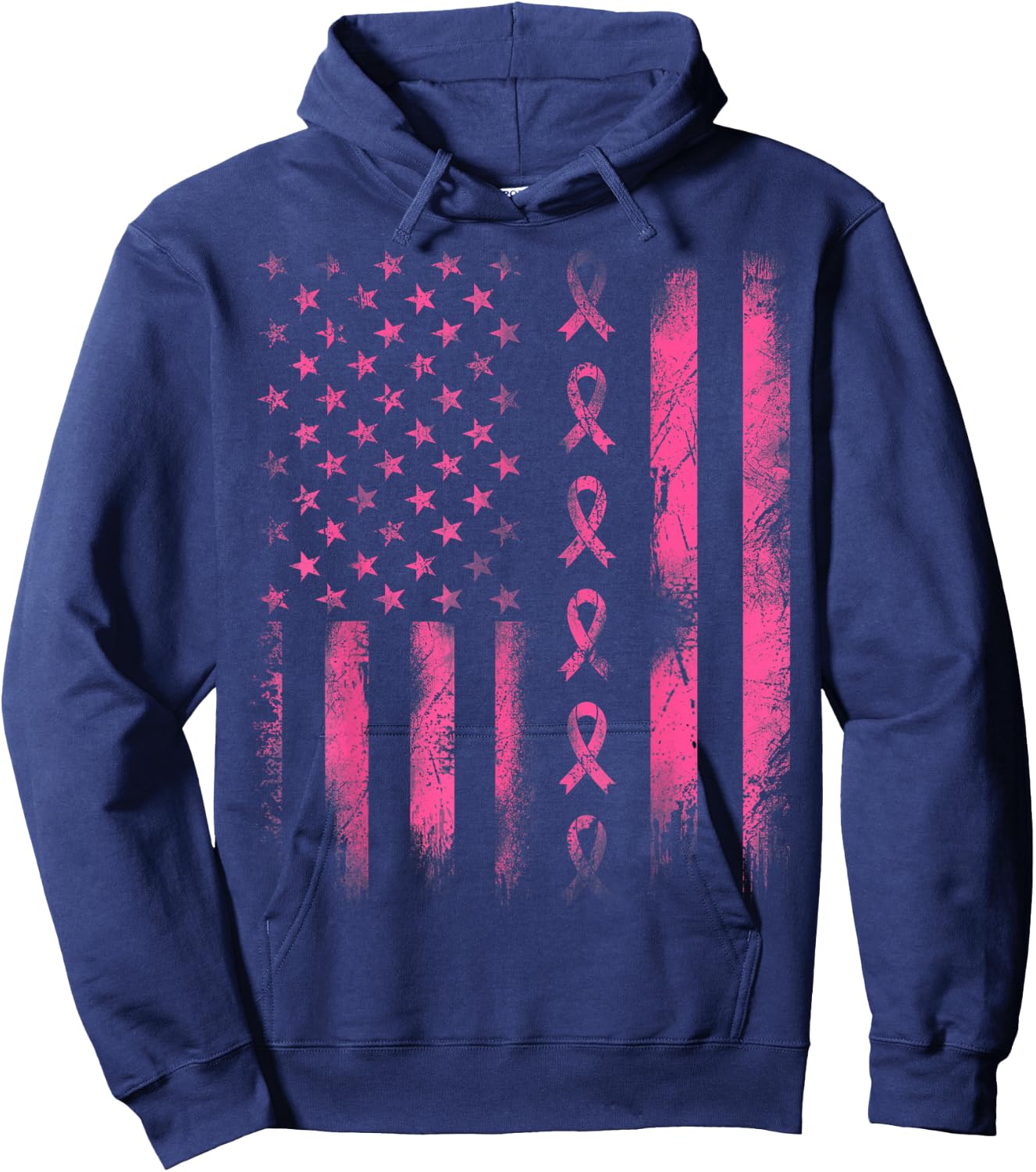 Breast Cancer Awareness - Pink Ribbon American Flag Women Kids Men Hoodie - Hoodie | Navy