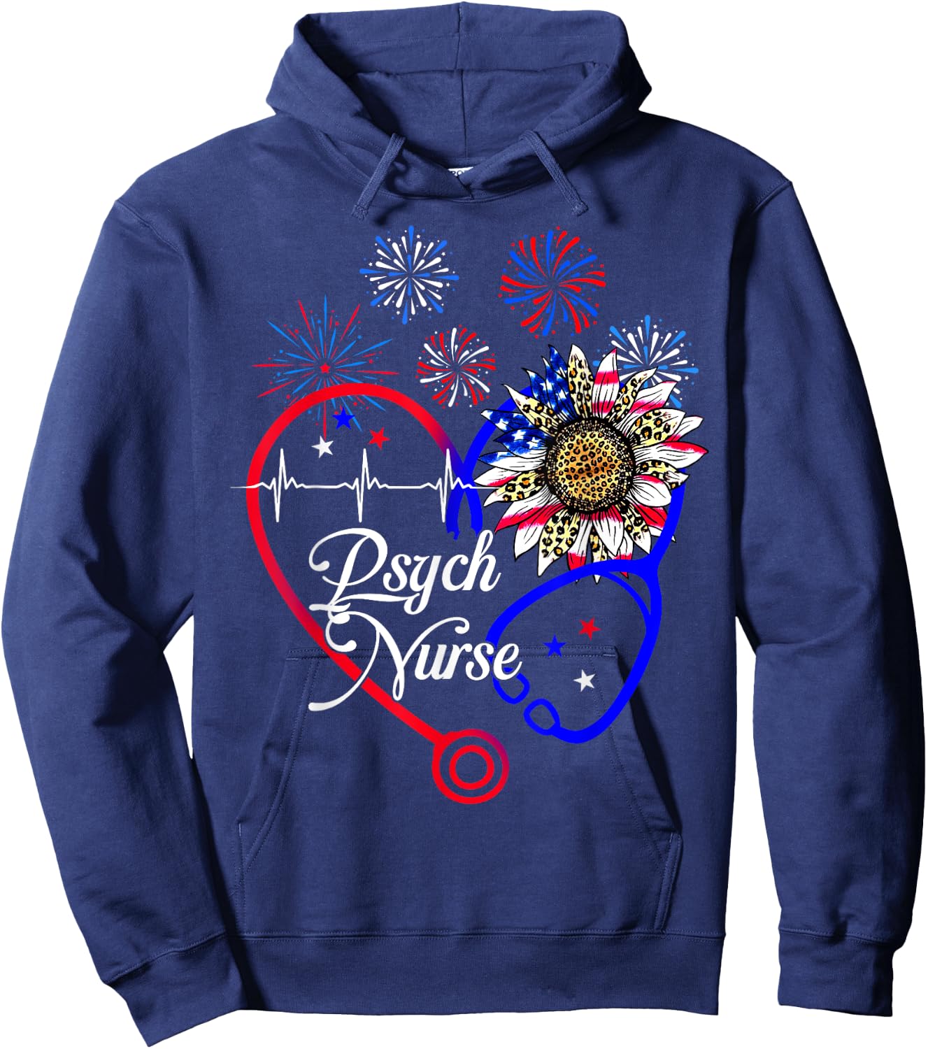 Patriotic American Psych Nurse Sunflower 4th Of July Nursing Hoodie - Hoodie | Navy