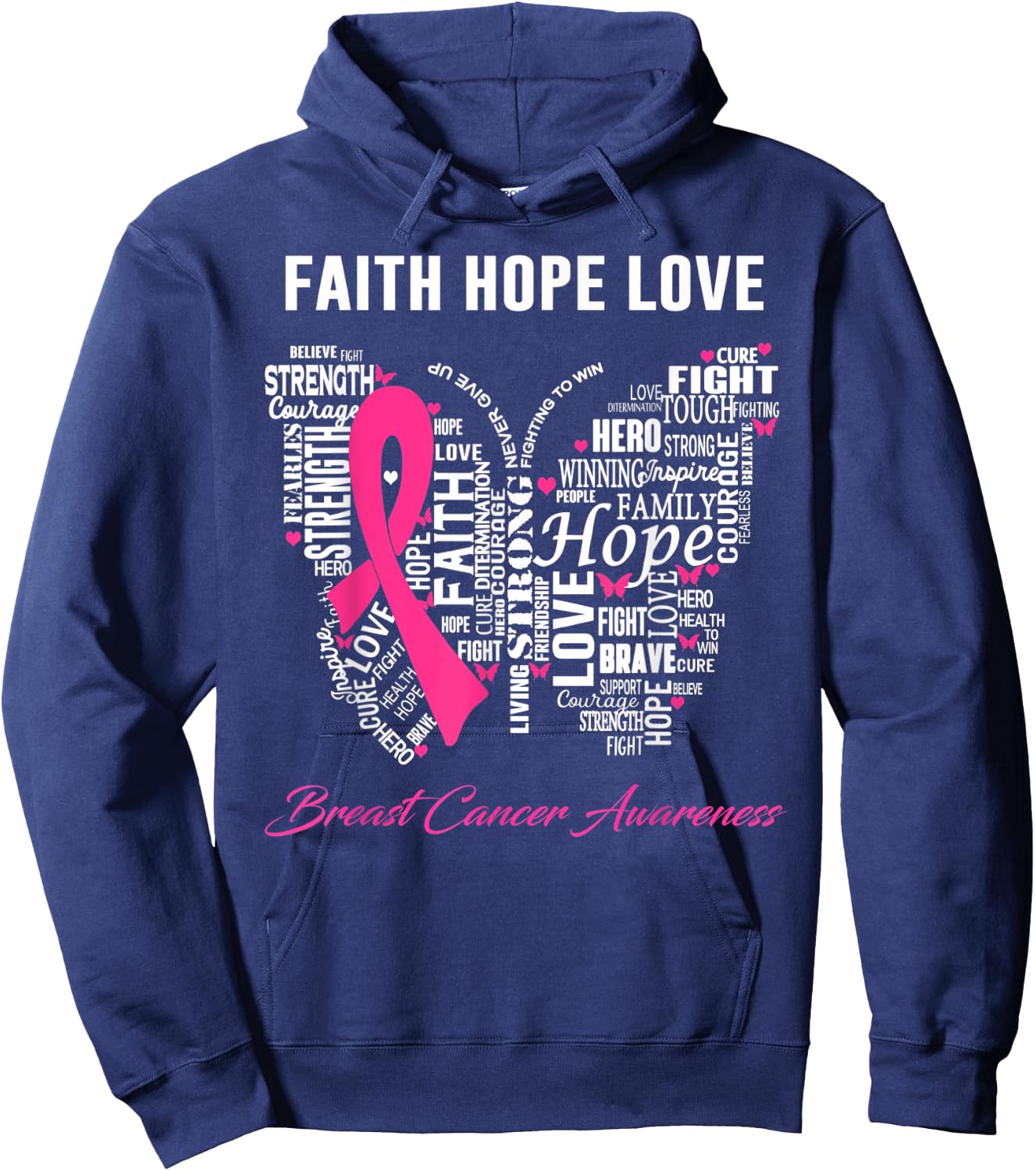Faith Hope Love Breast Cancer Awareness Hoodie - Hoodie | Navy